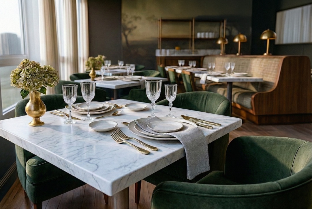 A marble table set before guests arrive