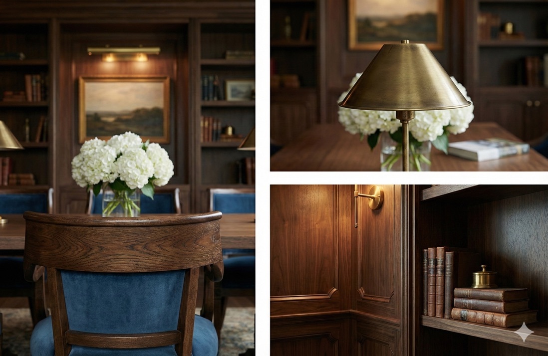 Brass lamp, hydrangea, and oak panelling at Arena